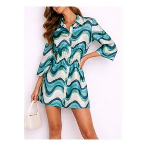 Ontwelfth Retro Wavy Button Up Shirt Dress Medium Blue 70s Psychedelic Groovy